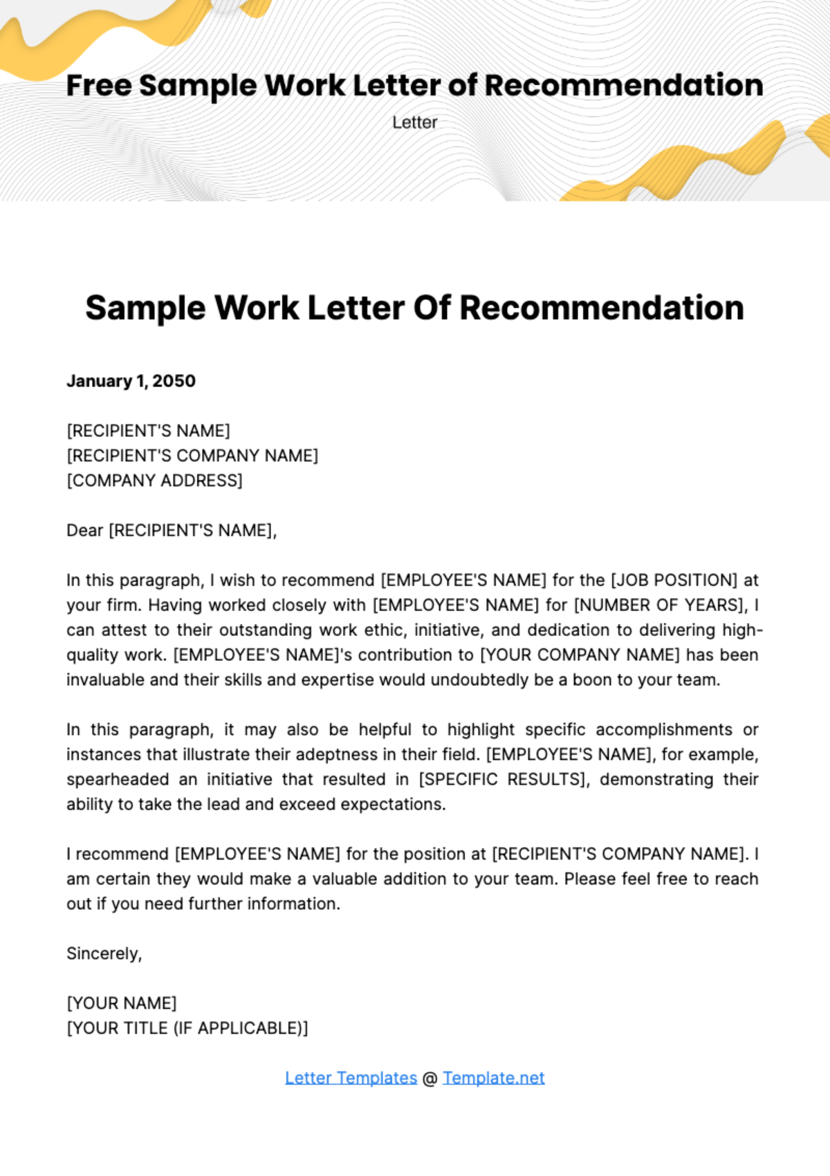 Sample Work Letter of Recommendation Template