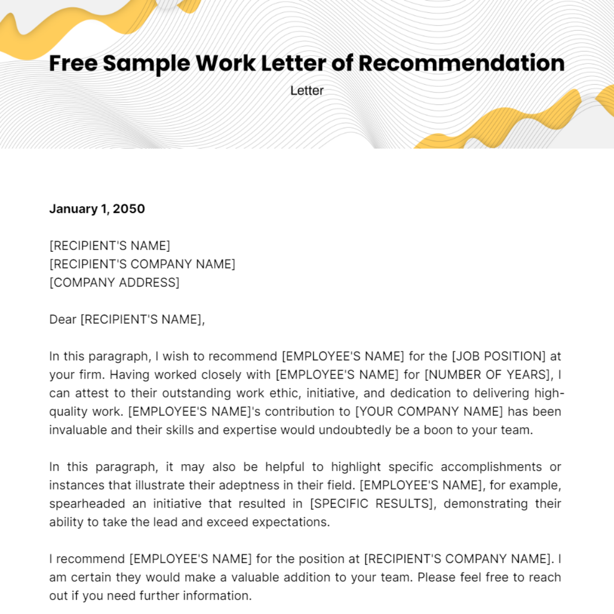 Sample Work Letter of Recommendation Template