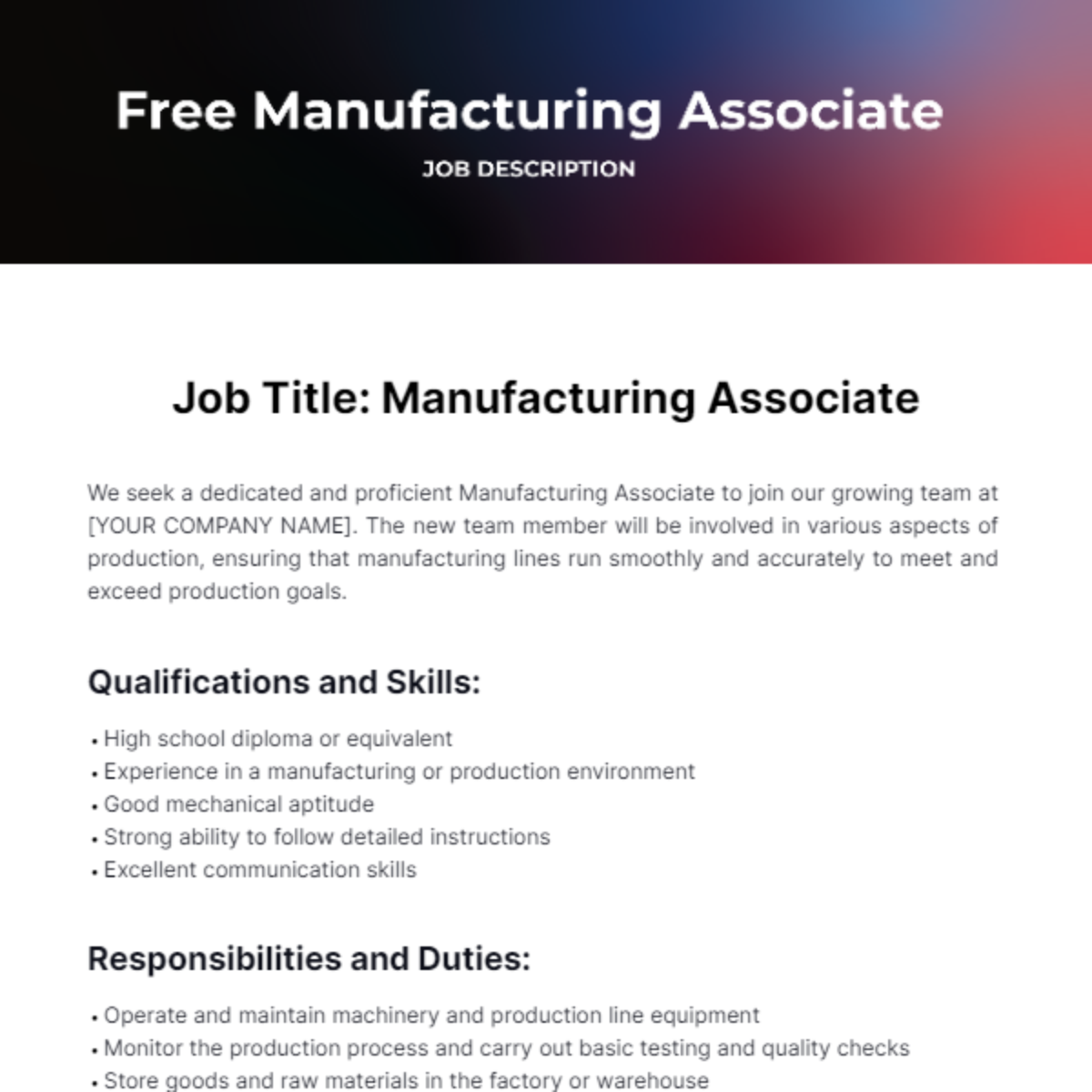 Manufacturing Associate Job Description Template