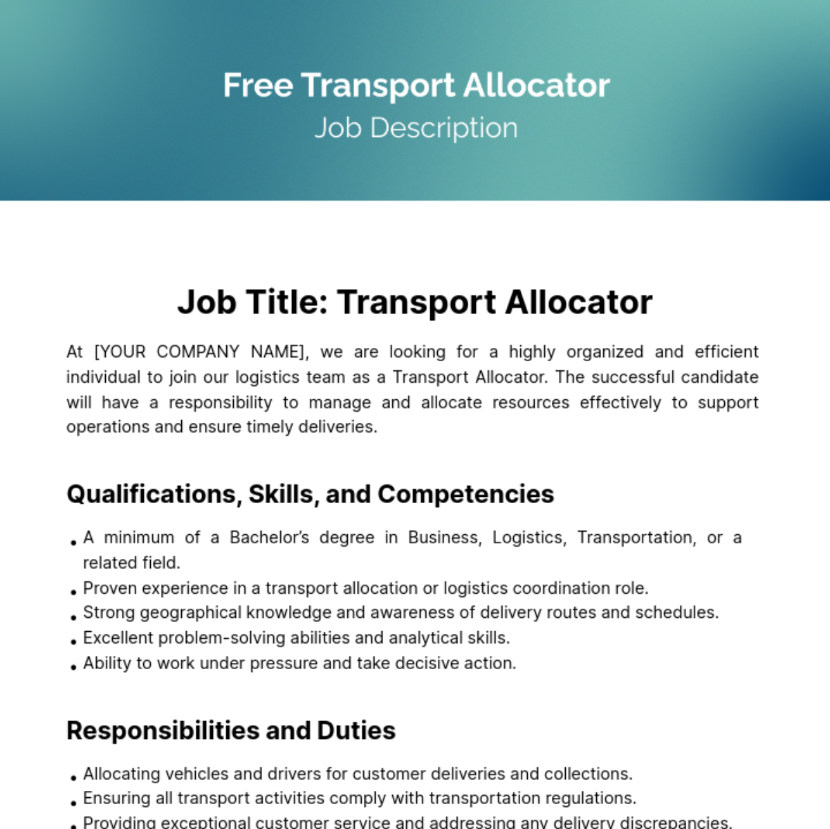 Transport Allocator Job Description Template