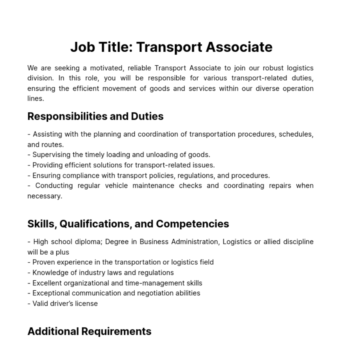 Free Transport Associate Job Description Template