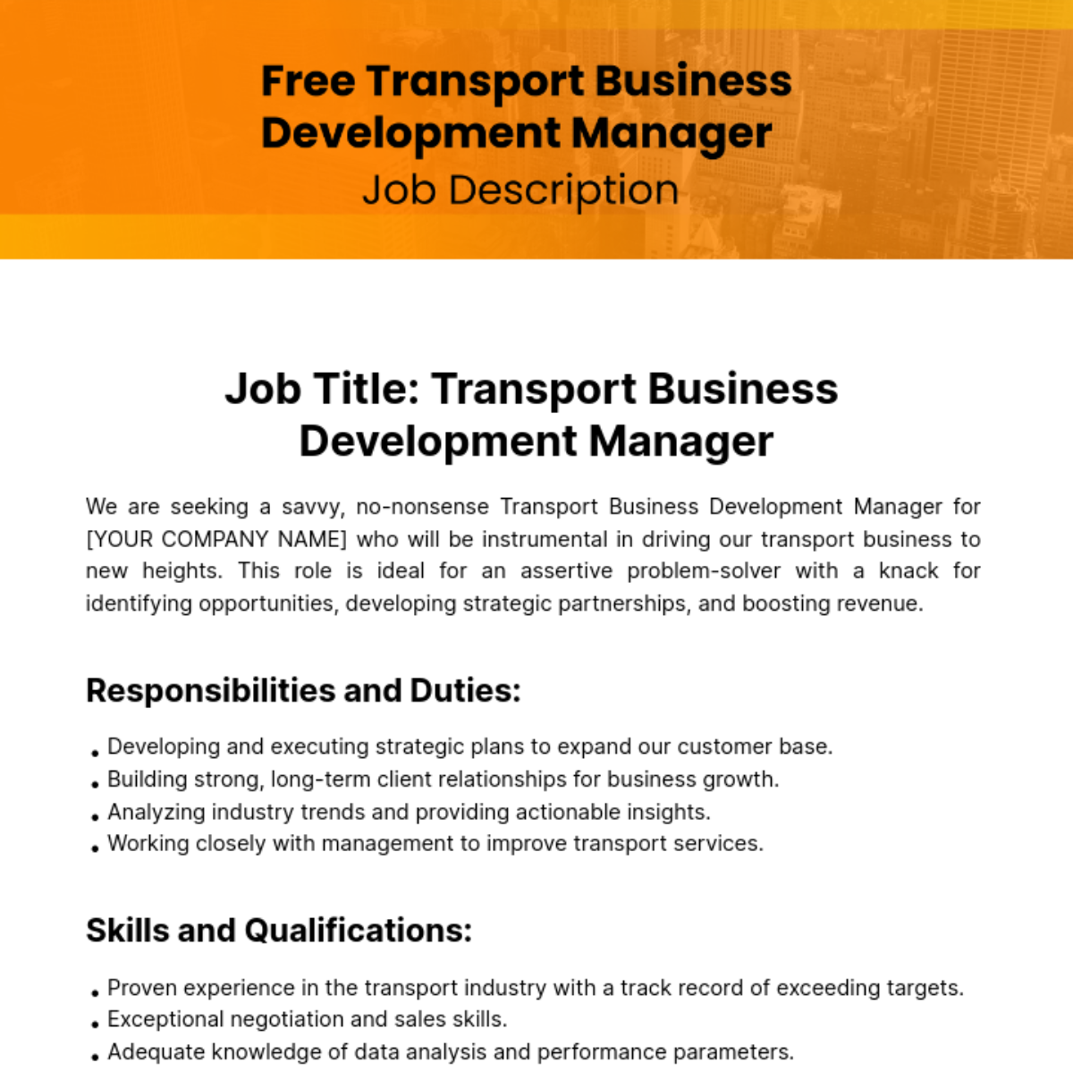 Transport Business Development Manager Job Description Template