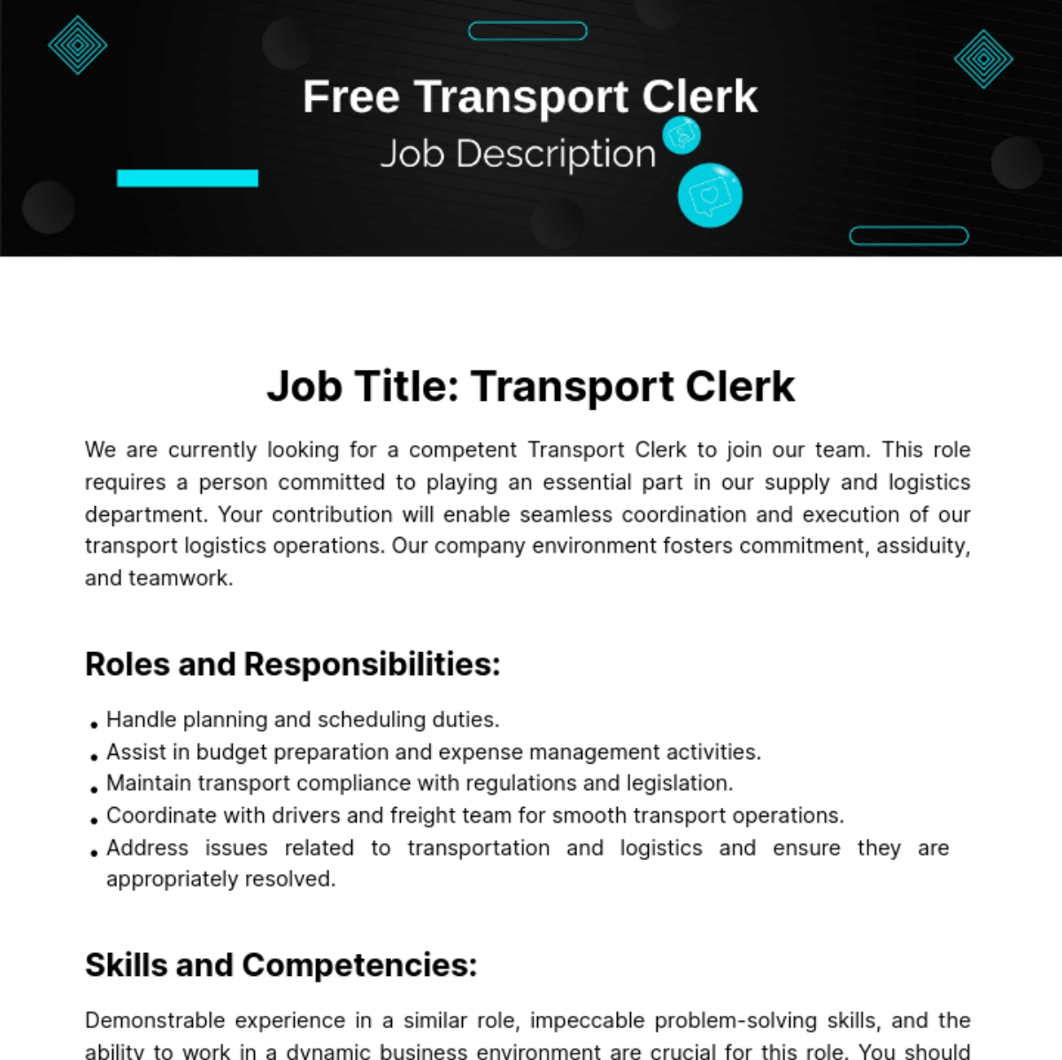 Free Transport Clerk Job Description Template
