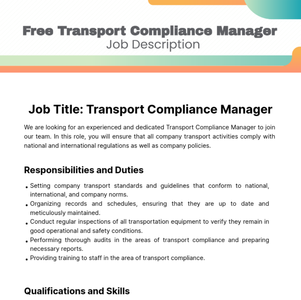 Free Transport Compliance Manager Job Description Template