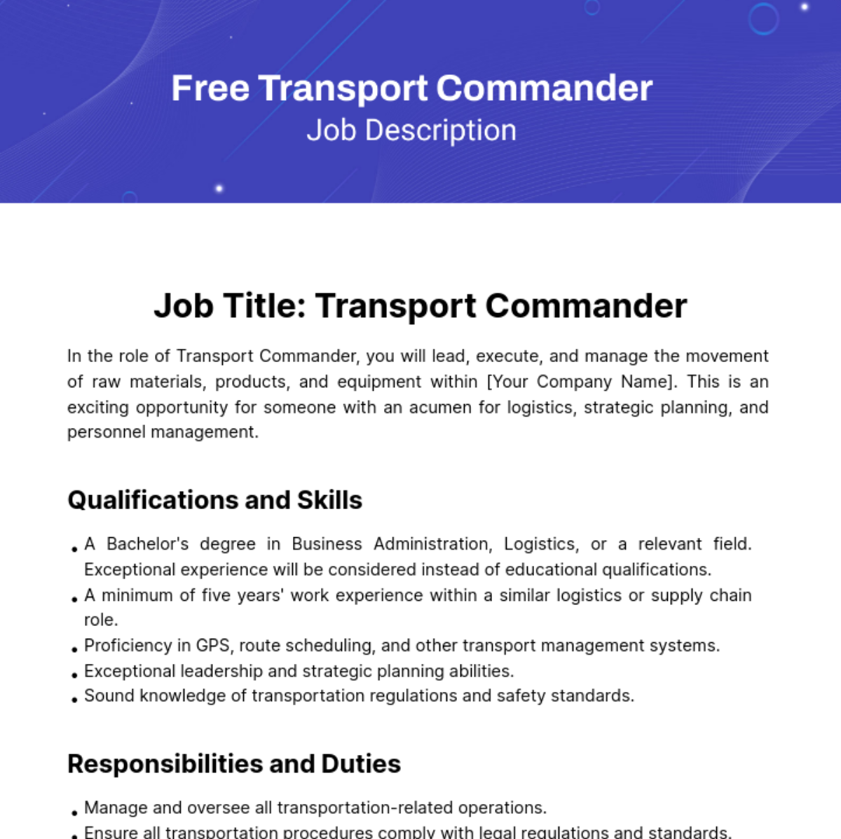 Free Transport Commander Job Description Template