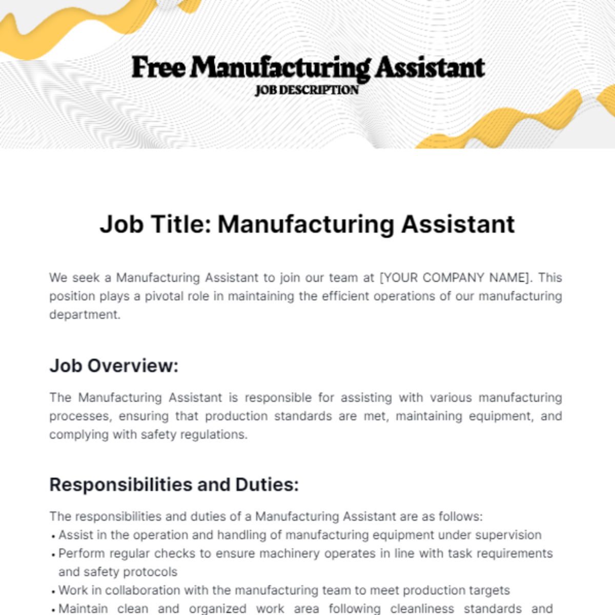 Free Manufacturing Assistant Job Description Template