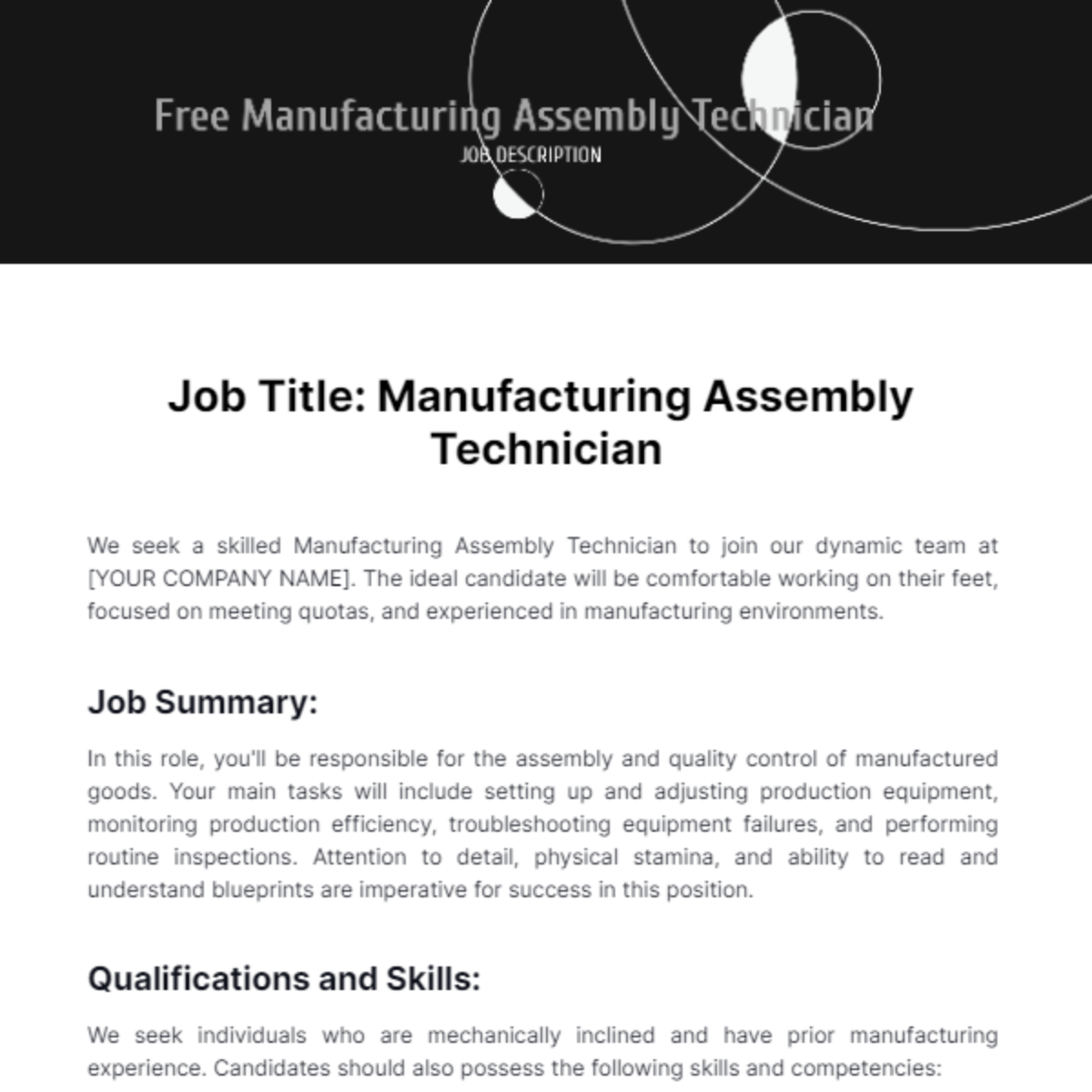 Free Manufacturing Assembly Technician Job Description Template