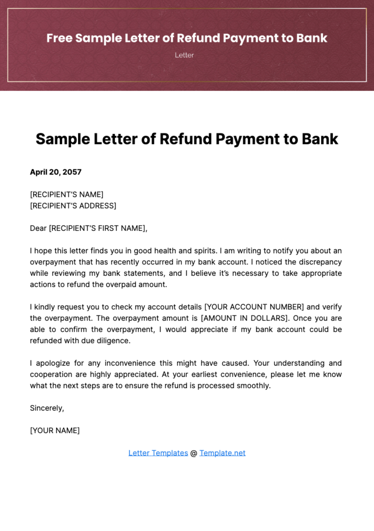 Free Sample Letter of Refund Payment to Bank Template