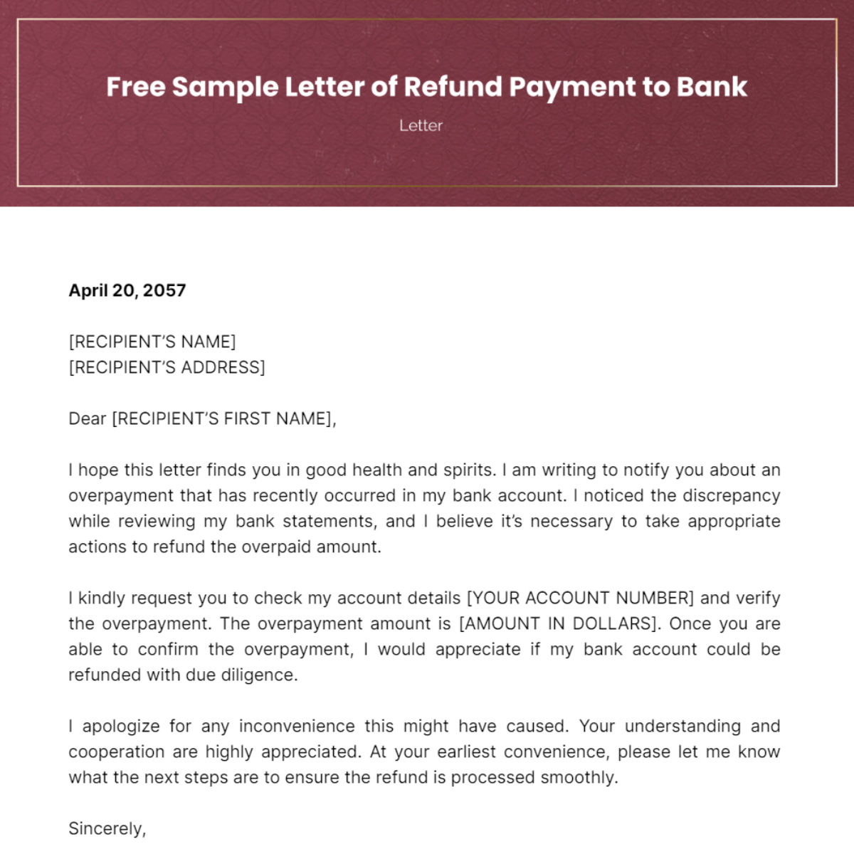 Sample Letter of Refund Payment to Bank Template