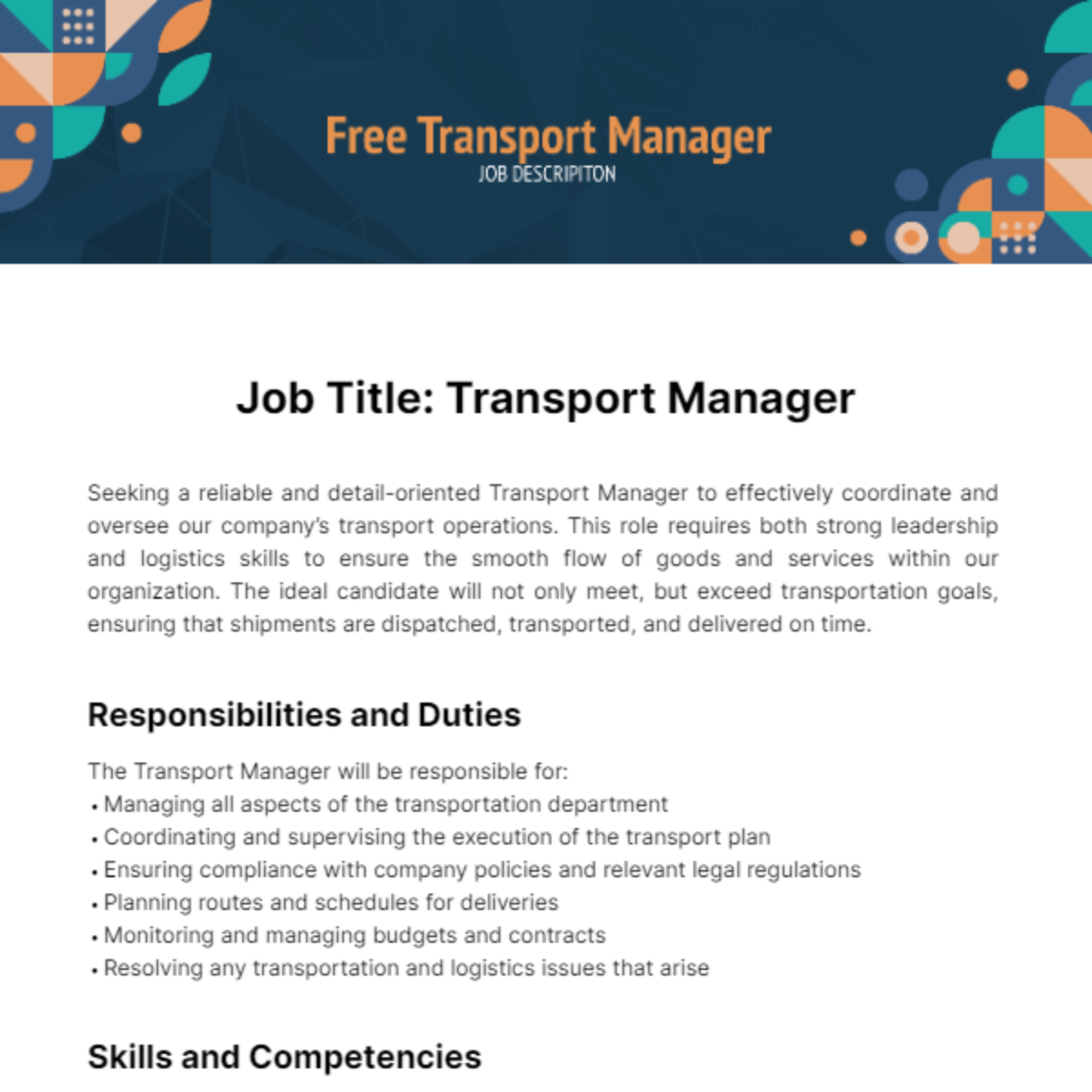 Free Transport Job Description Template