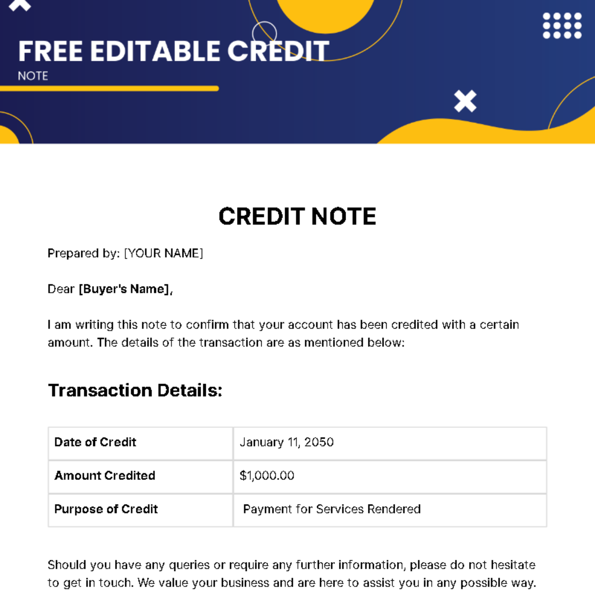 Editable Credit Note Template