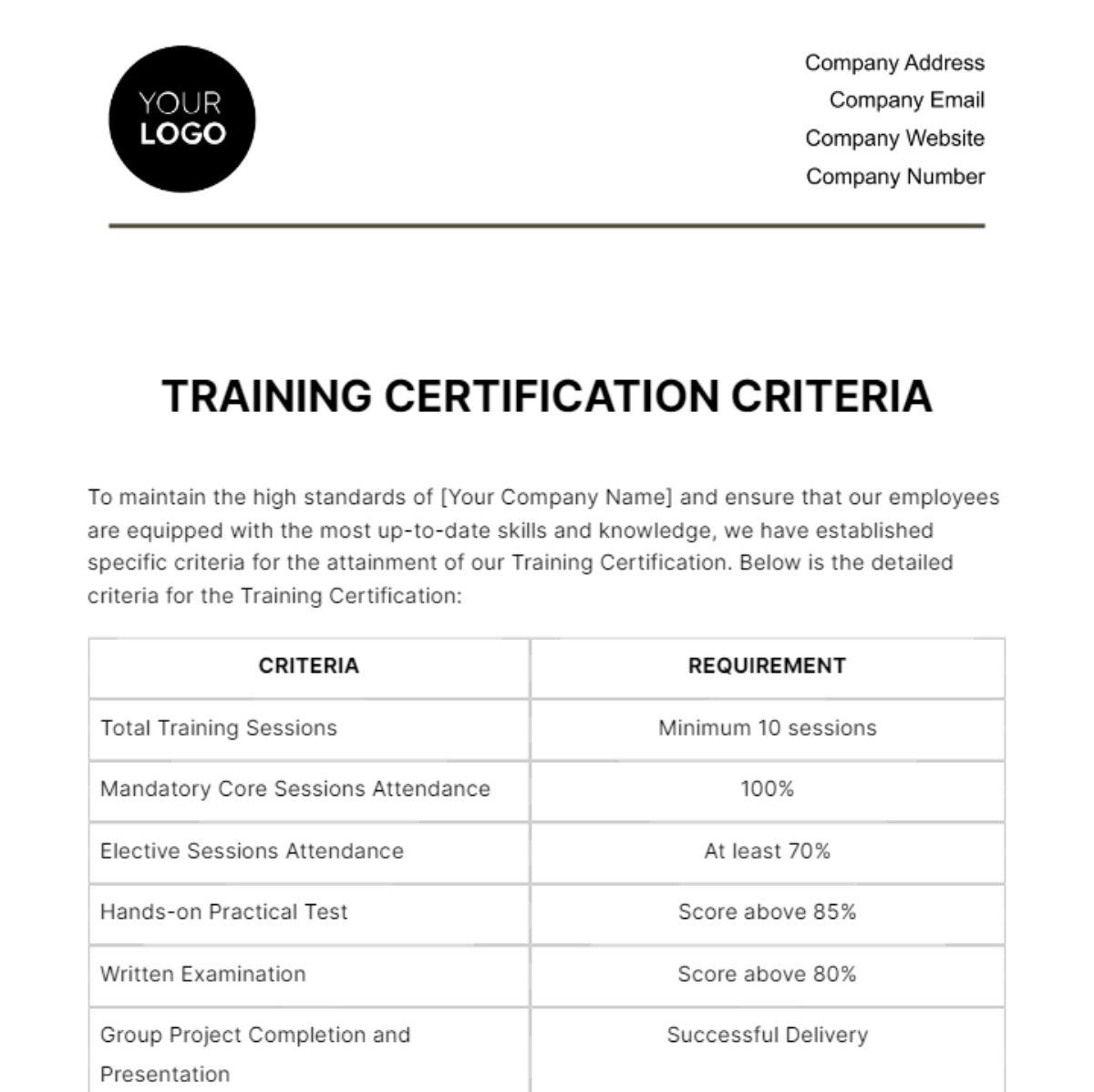 Free Training Certification Criteria HR Template