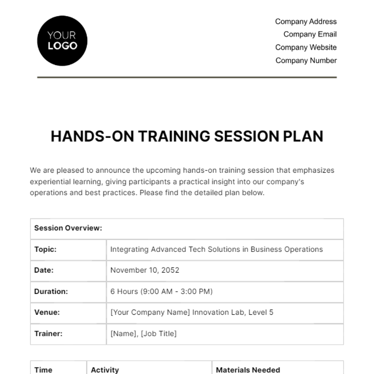 Free Hands-on Training Session Plan HR Template