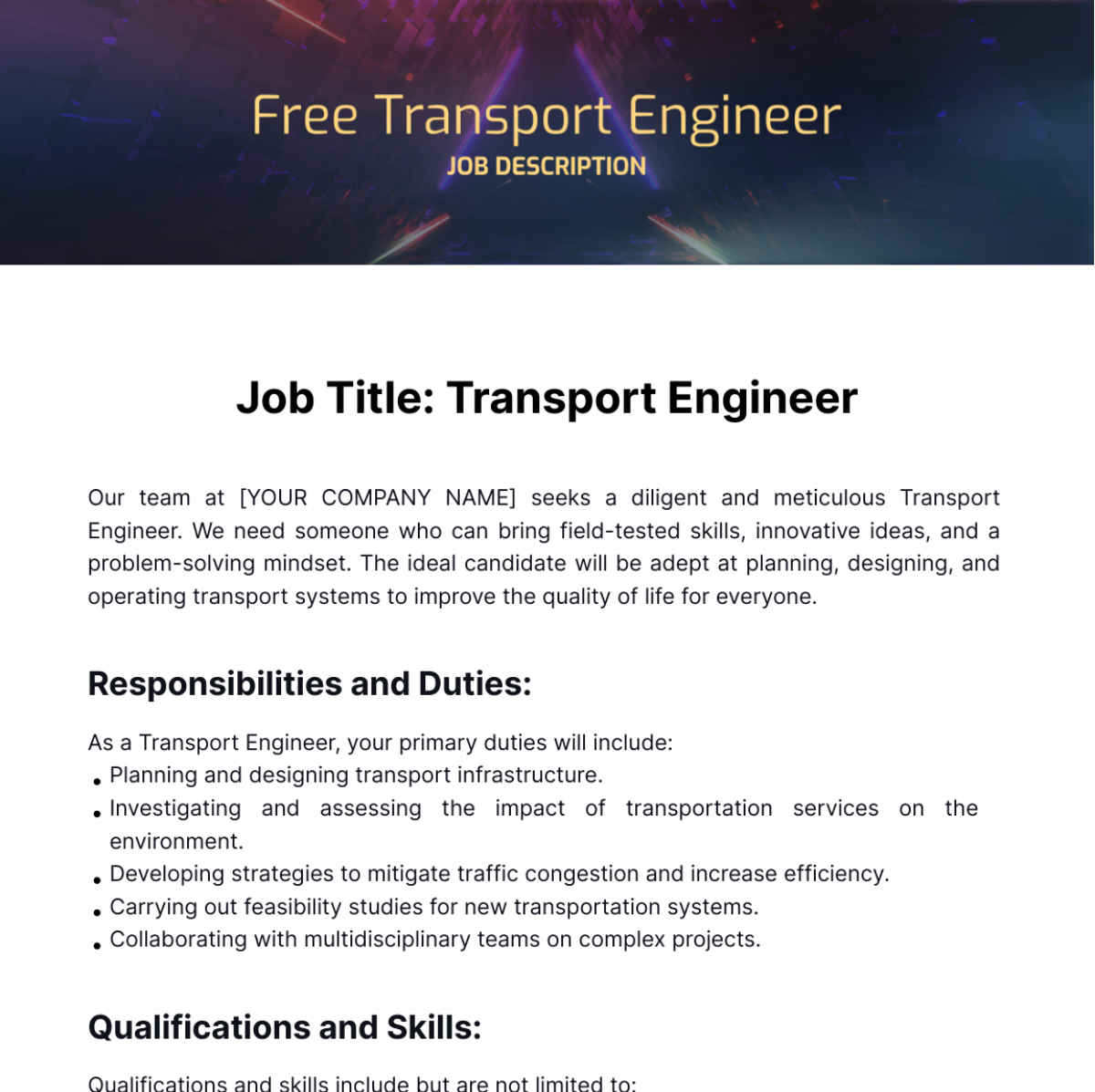 Free Transport Engineer Job Description Template