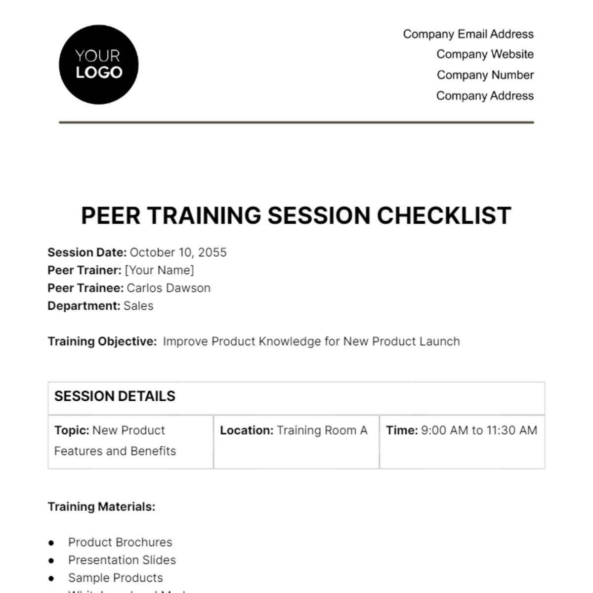 Free Peer Training Session Checklist HR Template