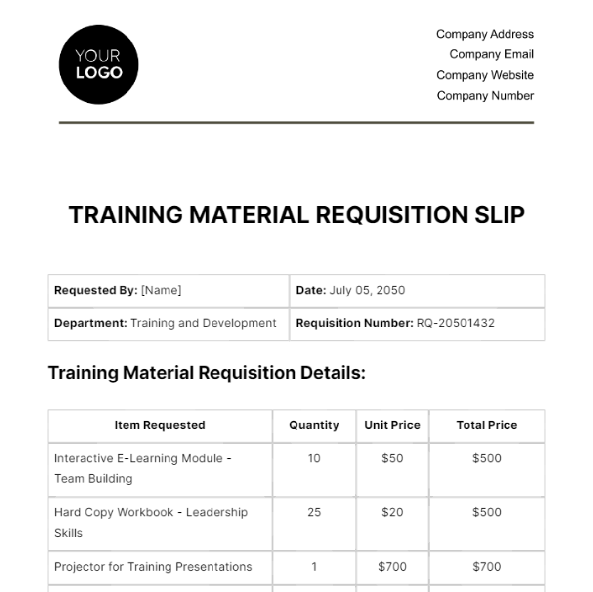 Training Material Requisition Slip HR Template