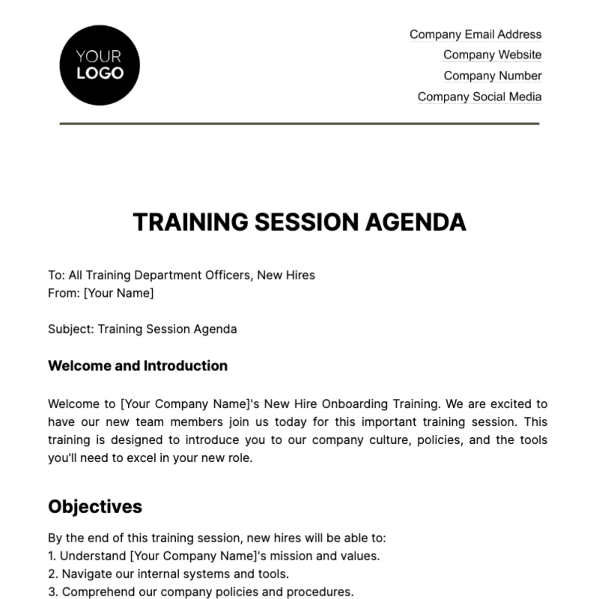 Training Session Agenda HR Template