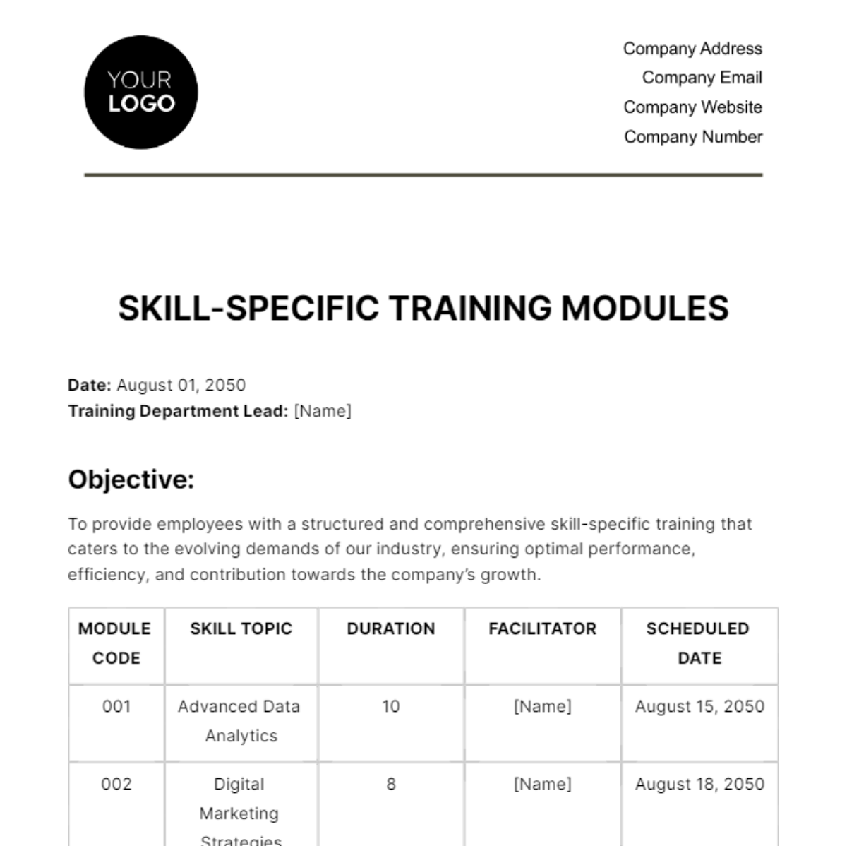 Skill-specific Training Modules HR Template