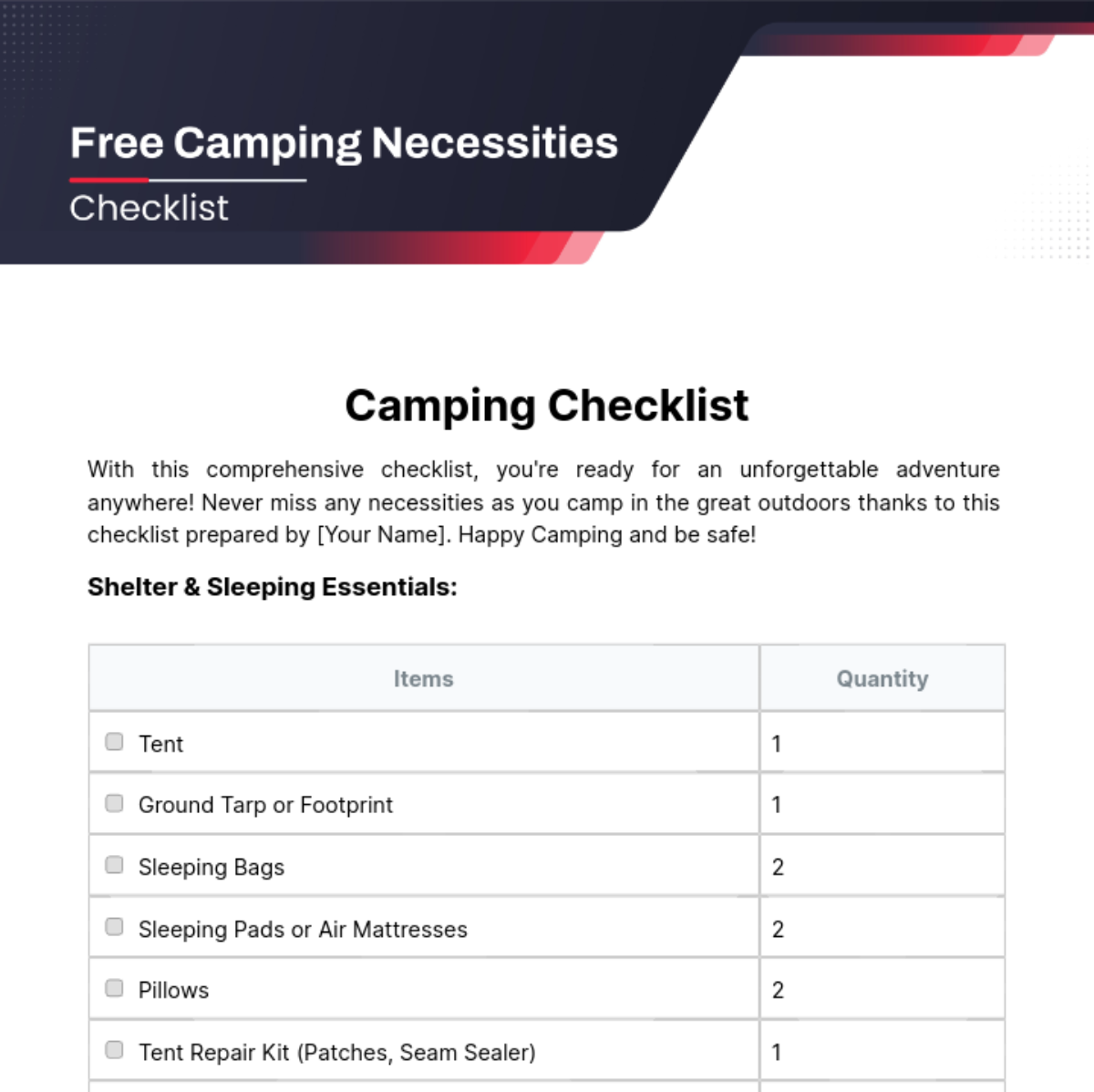Camping Necessities Checklist Template