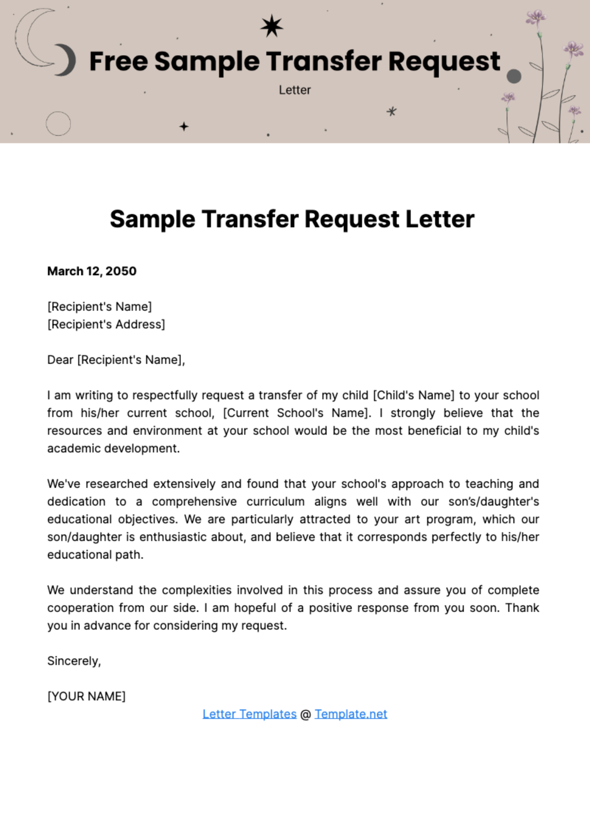 Free Sample Transfer Request Letter Template