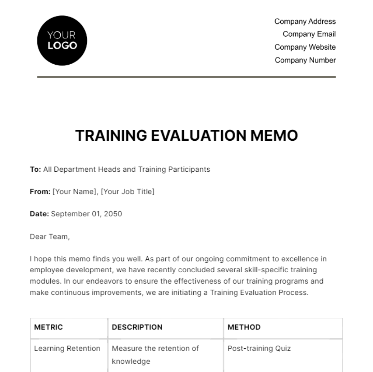Free Training Evaluation Memo HR Template