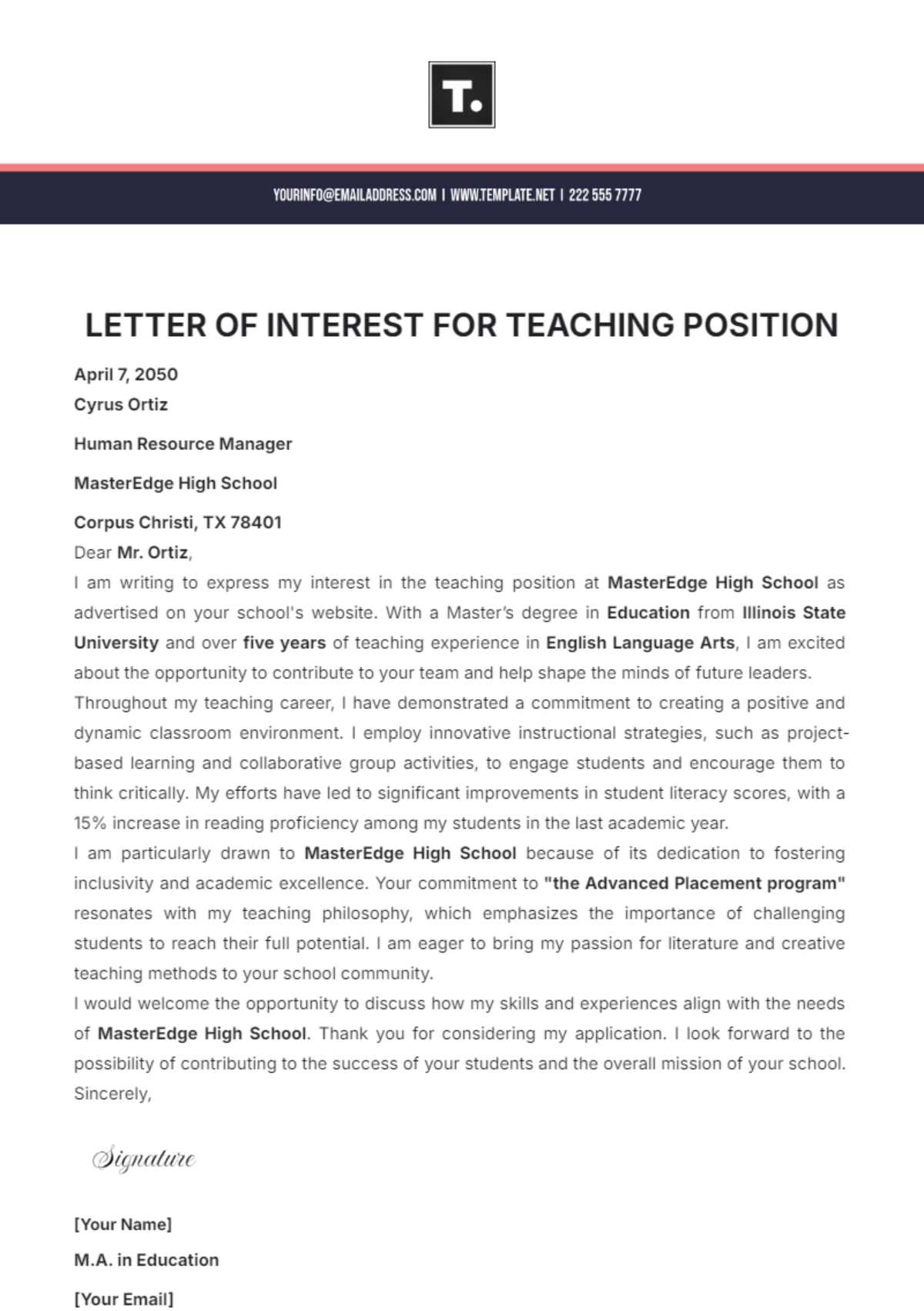 Letter of Interest for Teaching Position Template - Edit Online & Download