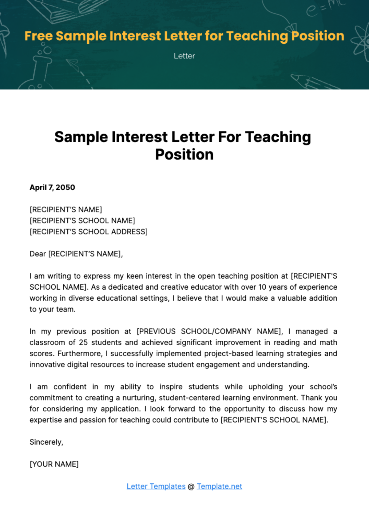 Free Sample Interest Letter for Teaching Position Template