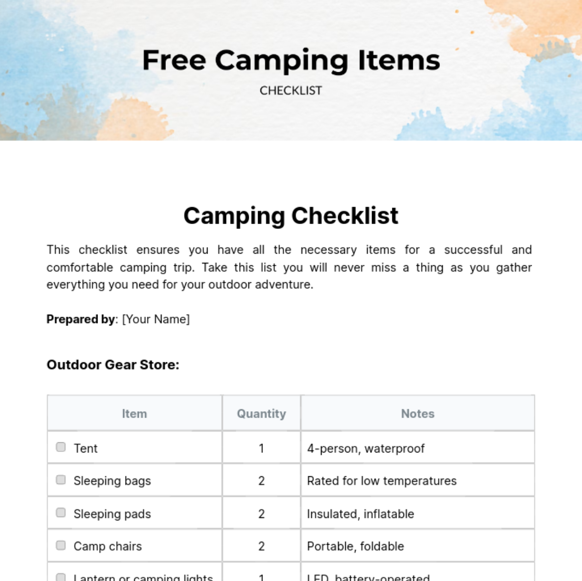 Camping Items Checklist Template
