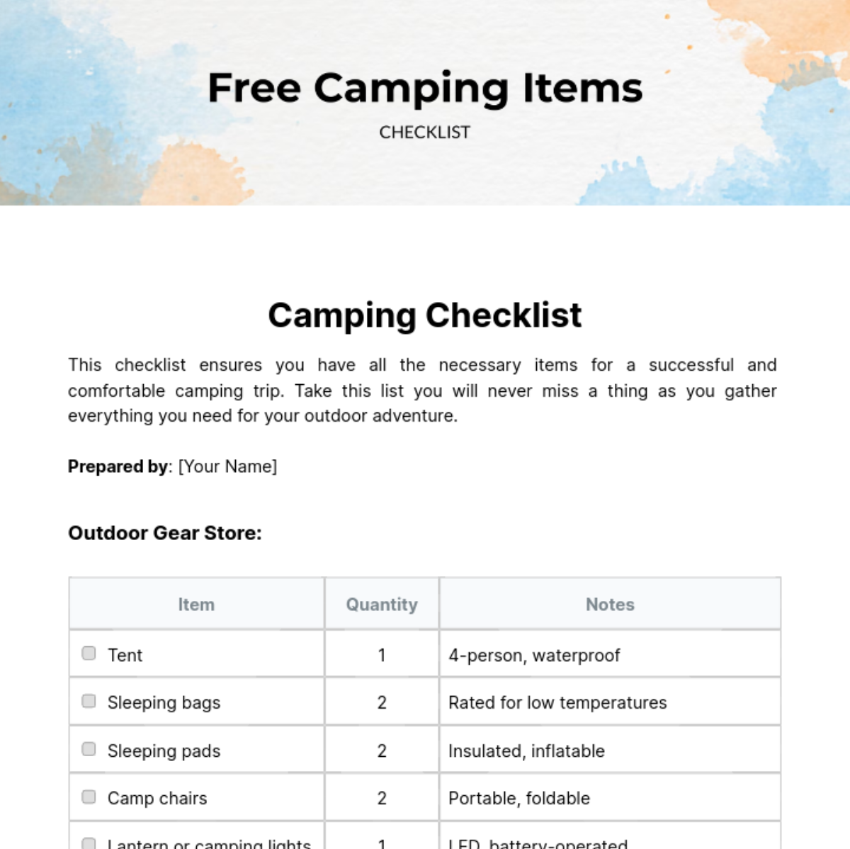 Camping Items Checklist Template - Edit Online & Download