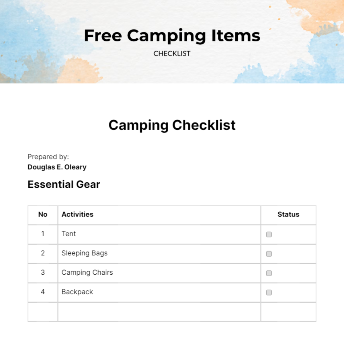 Camping Items Checklist Template - Edit Online & Download Example ...