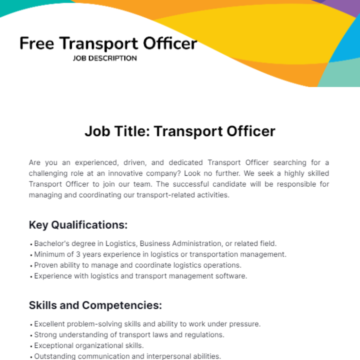 Free Transport Officer Job Description Template