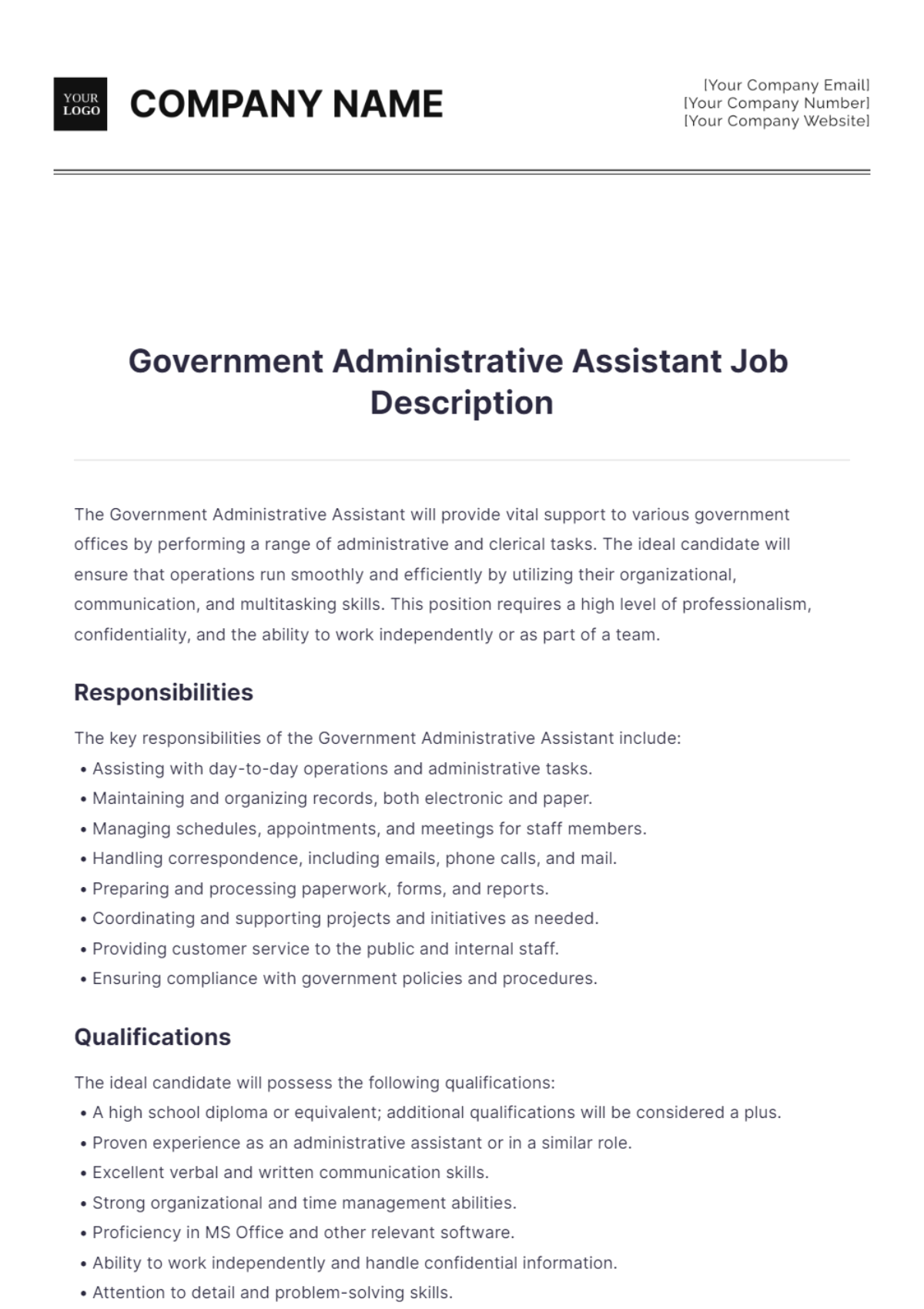 Government Administrative Assistant Job Description Template - Edit Online & Download