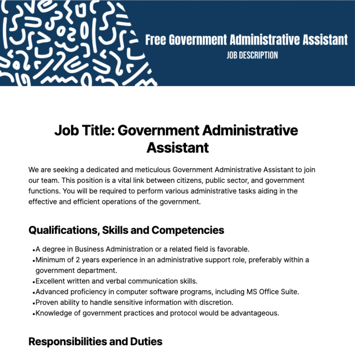 Free Government Administrative Assistant Job Description Template