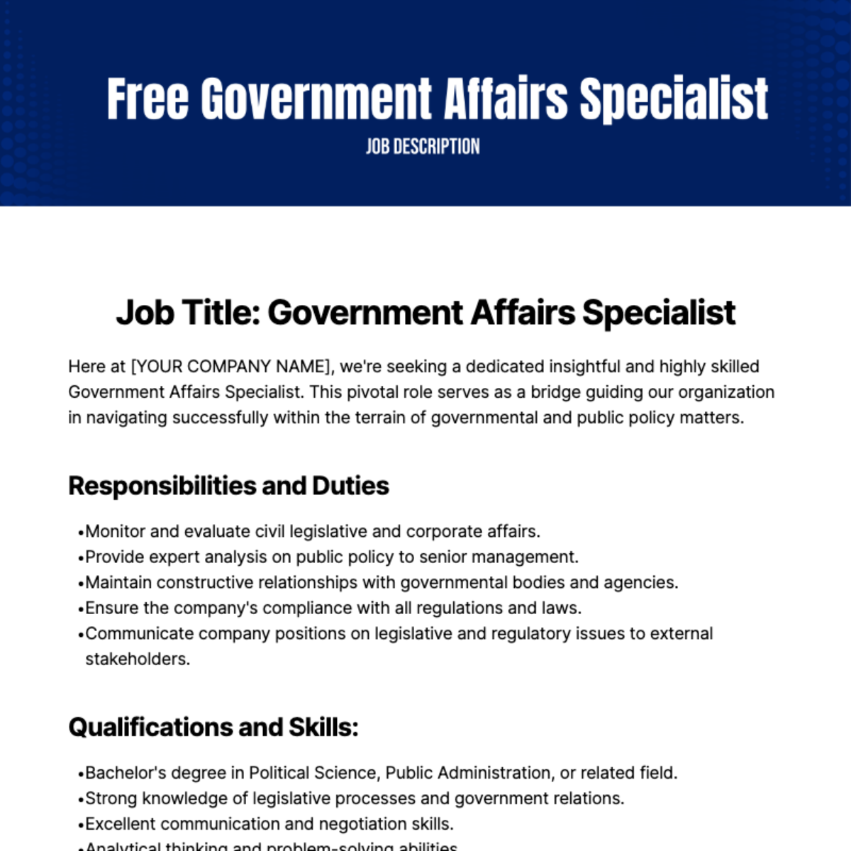 Free Government Affairs Specialist Job Description Template
