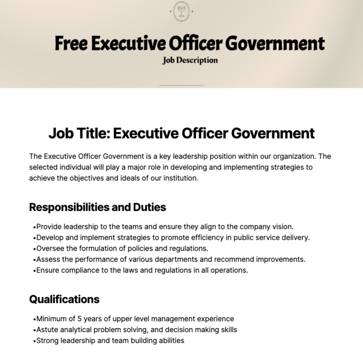 Free Executive Officer Government Job Description Template