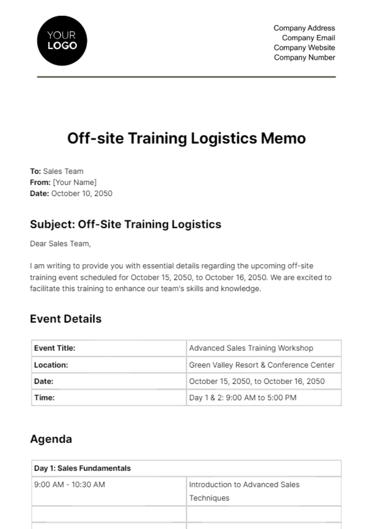 Off-site Training Logistics Memo HR Template