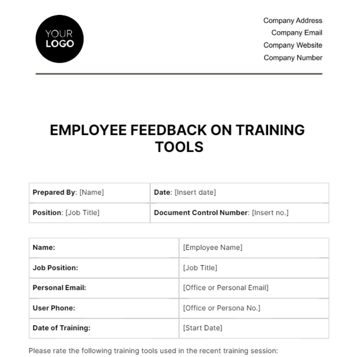Employee Feedback on Training Tools HR Template