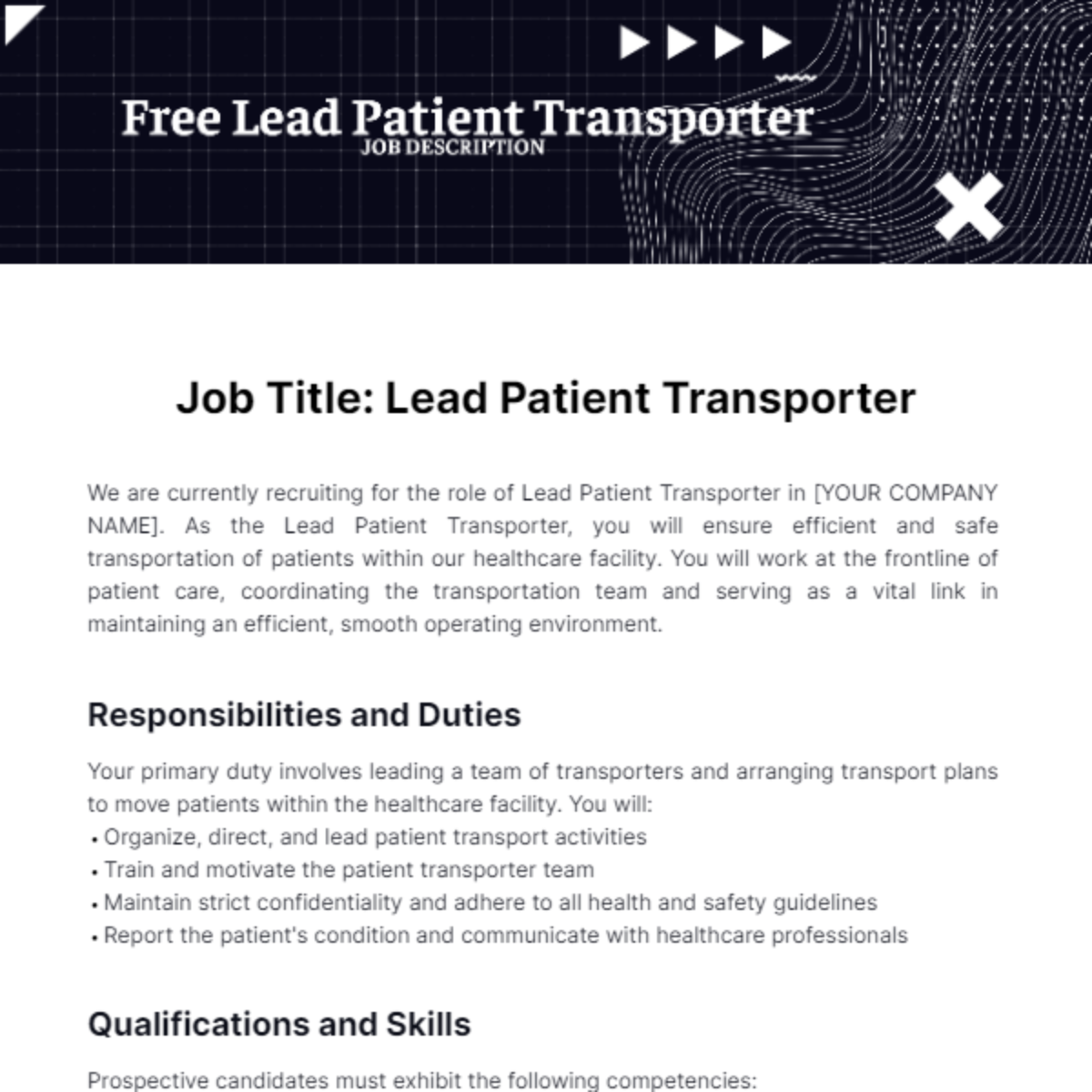 Free Lead Patient Transporter Job Description Template