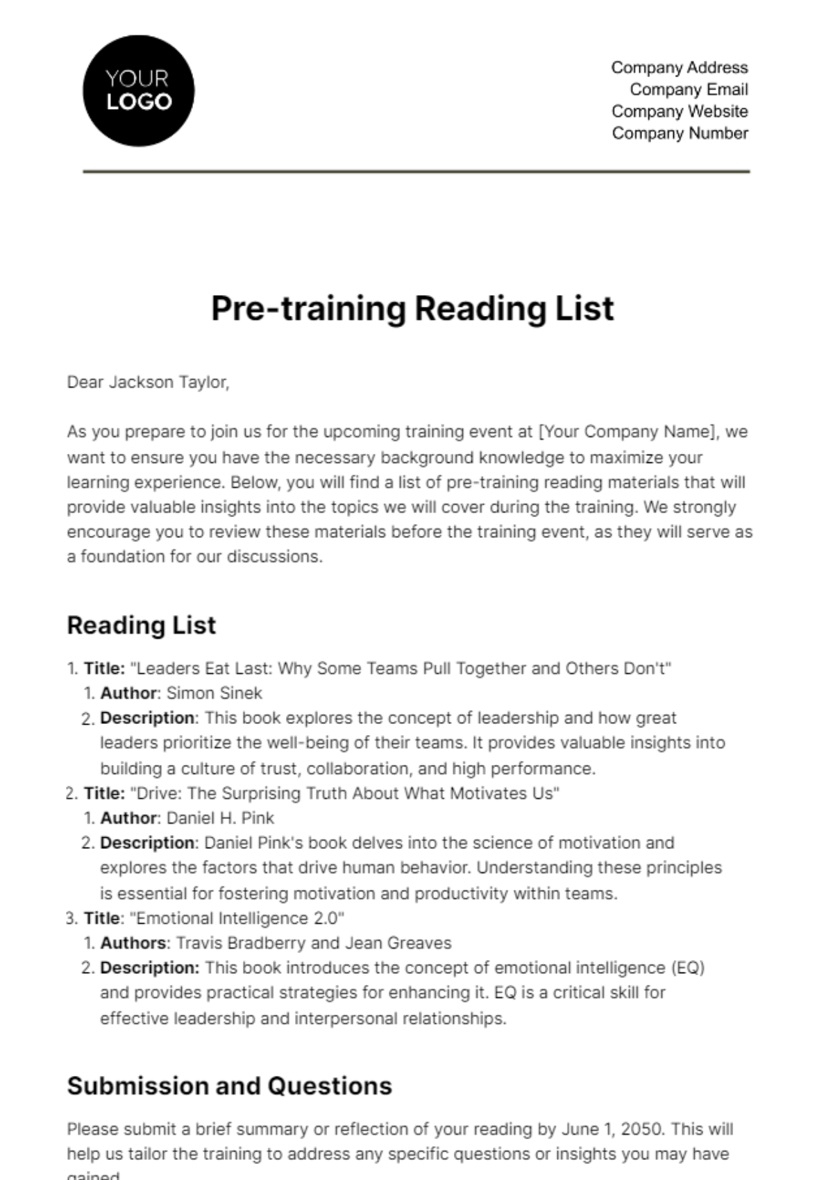 Free Pre-training Reading List HR Template