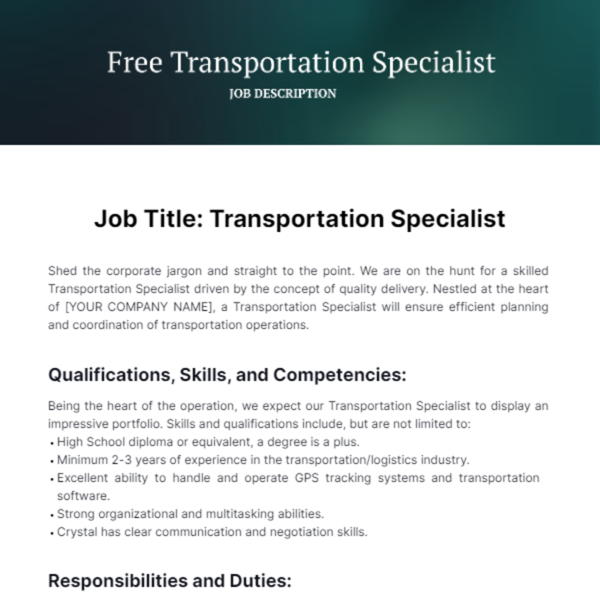 Free Transportation Specialist Job Description Template