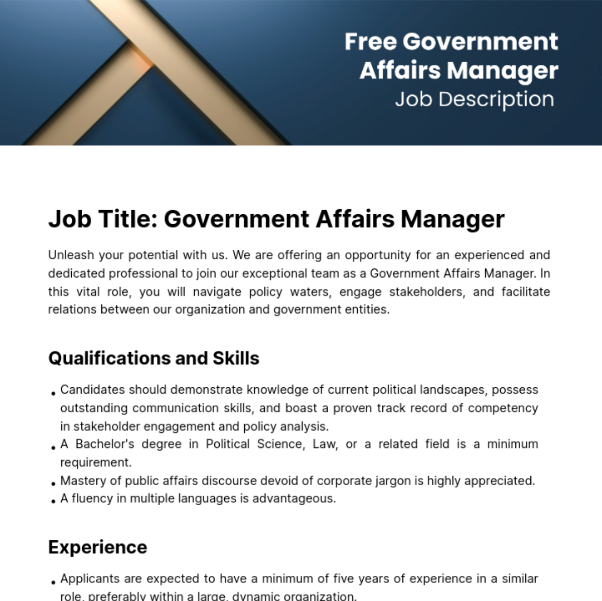 Free Government Affairs Manager Job Description Template