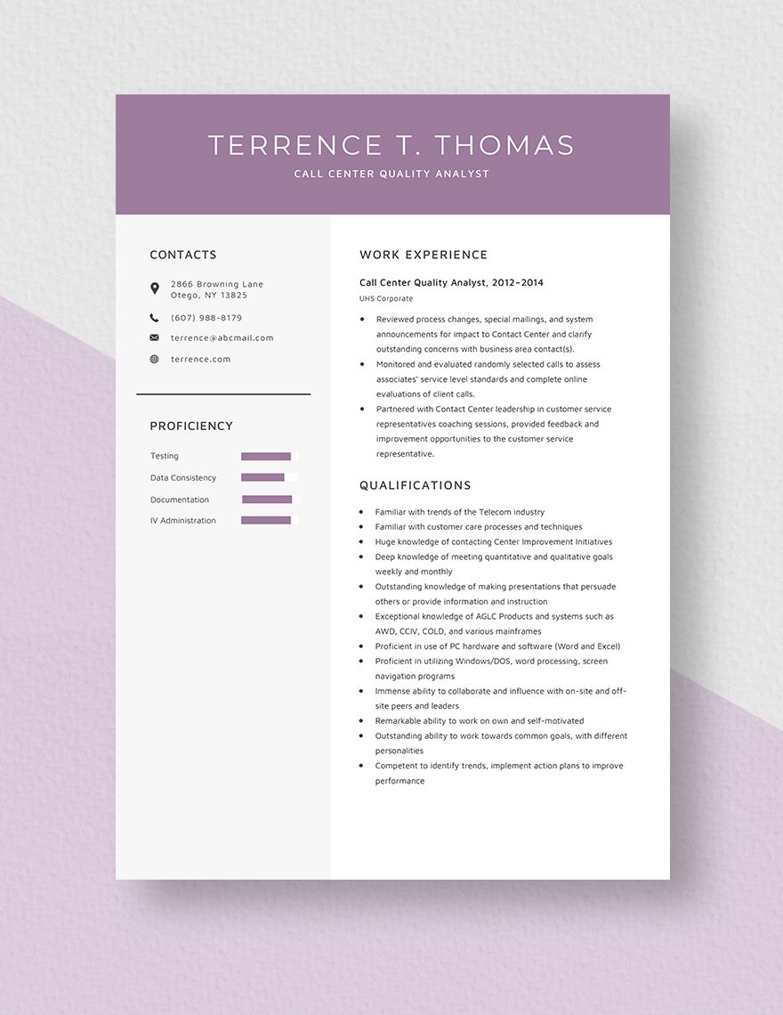 Call Center Quality Analyst Resume