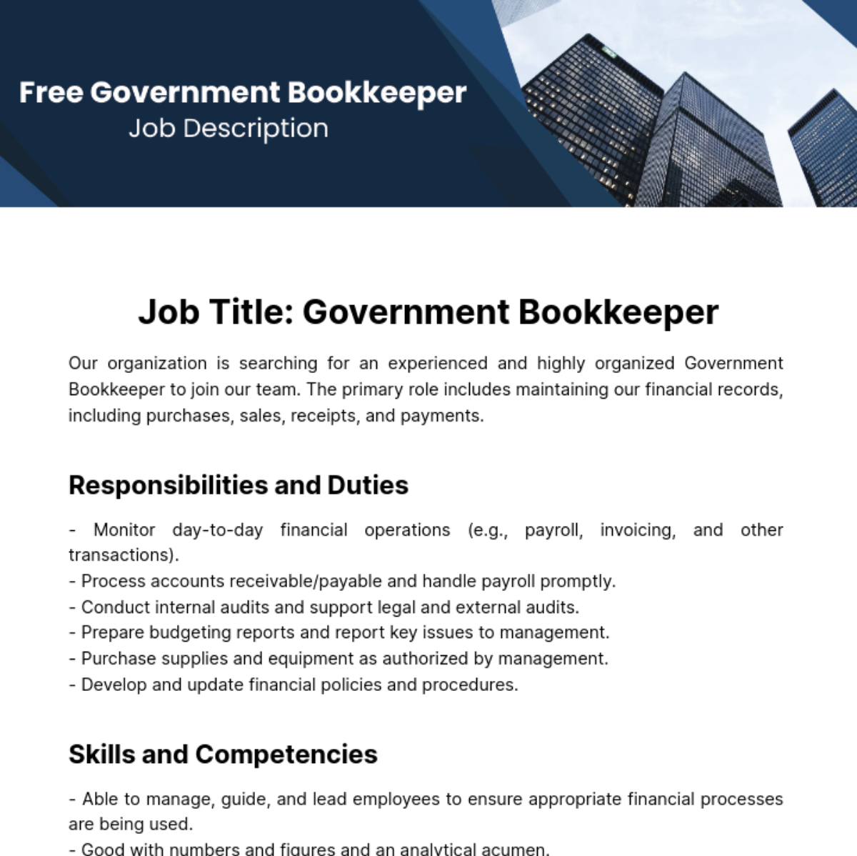 Free Government Bookkeeper Job Description Template