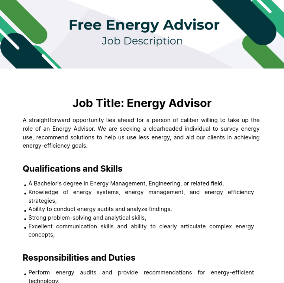 Free Energy Job Description Template