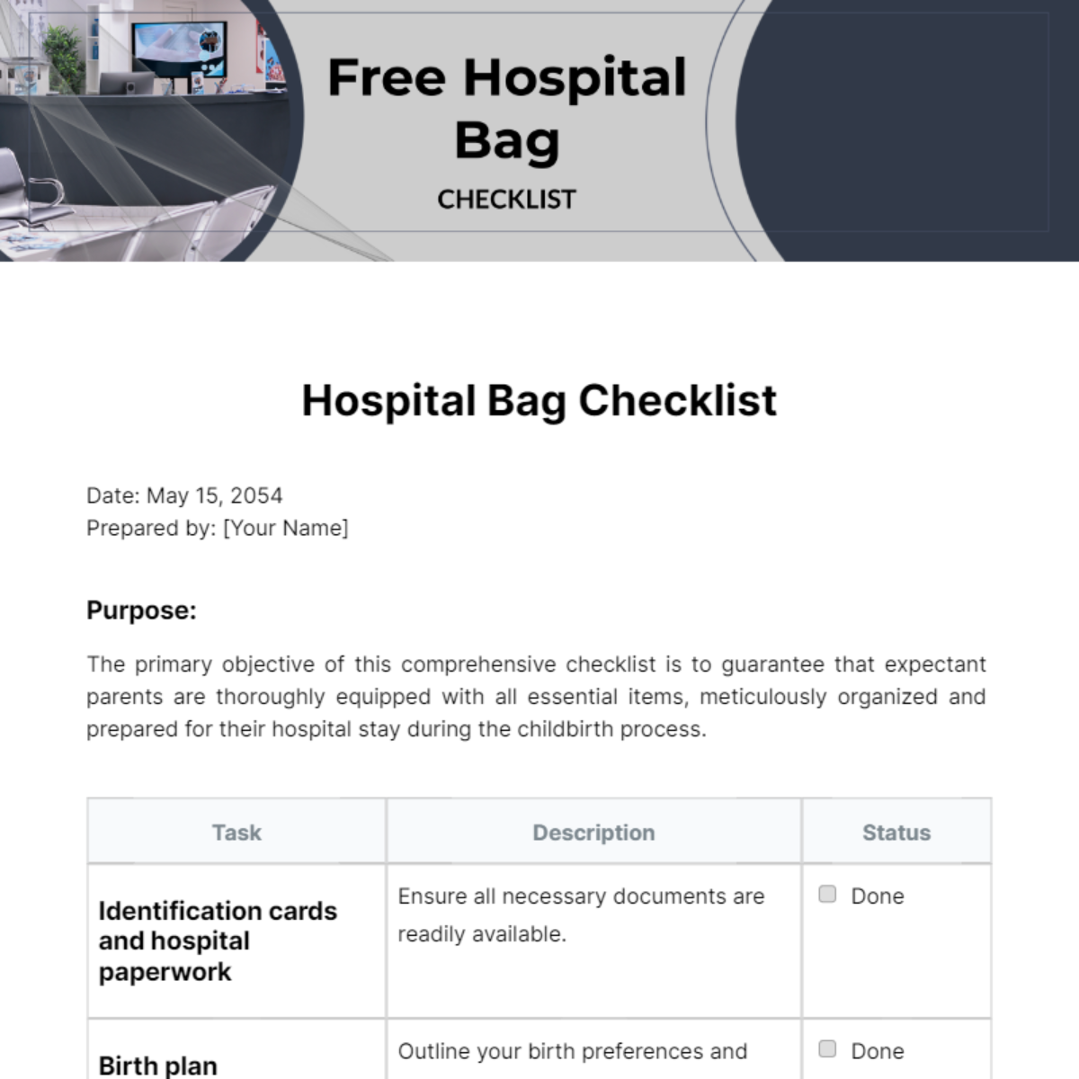 Free Hospital Bag Checklist Template