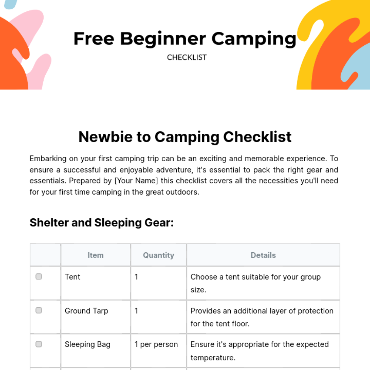 Beginner Camping Checklist Template