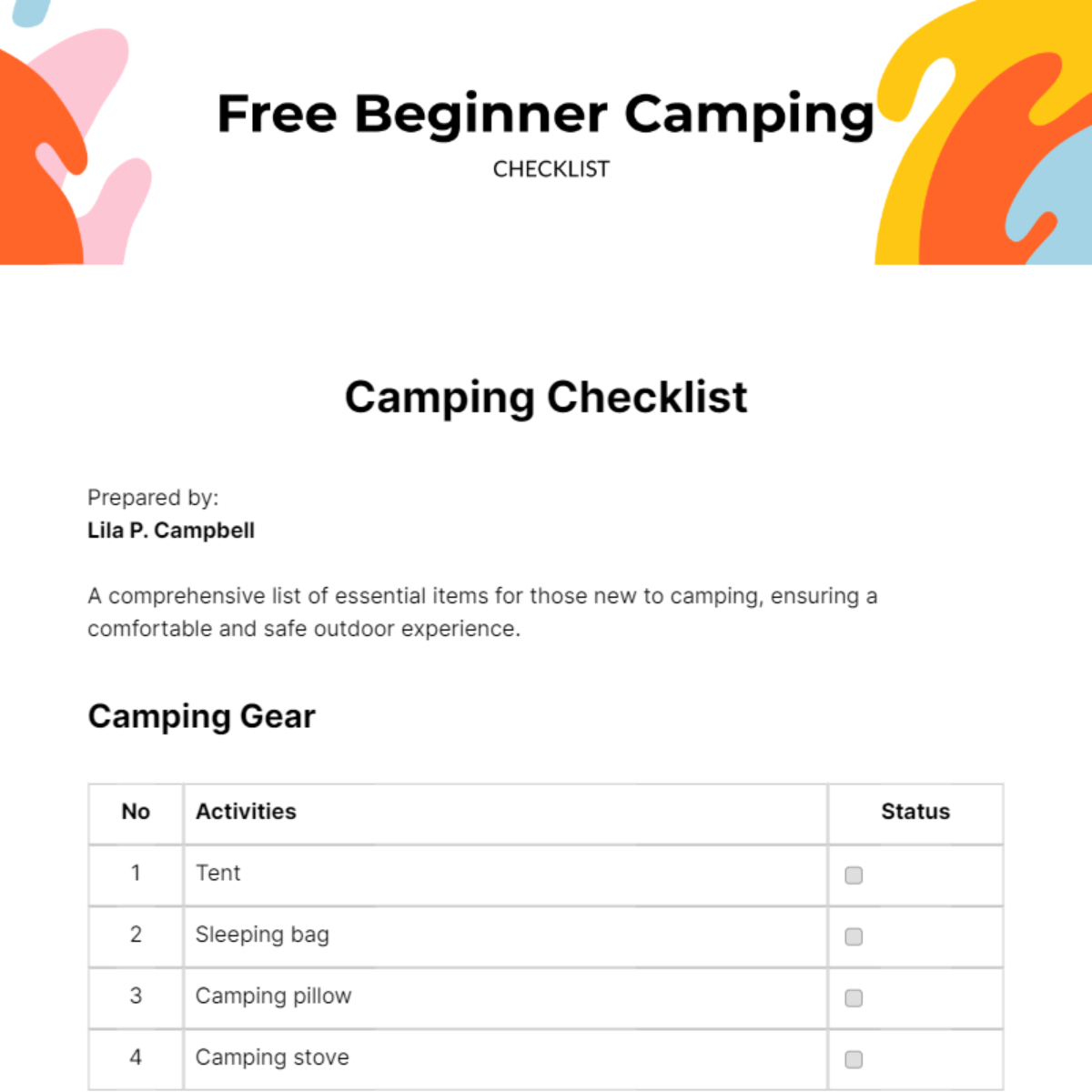 Beginner Camping Checklist Edit Online & Download Example