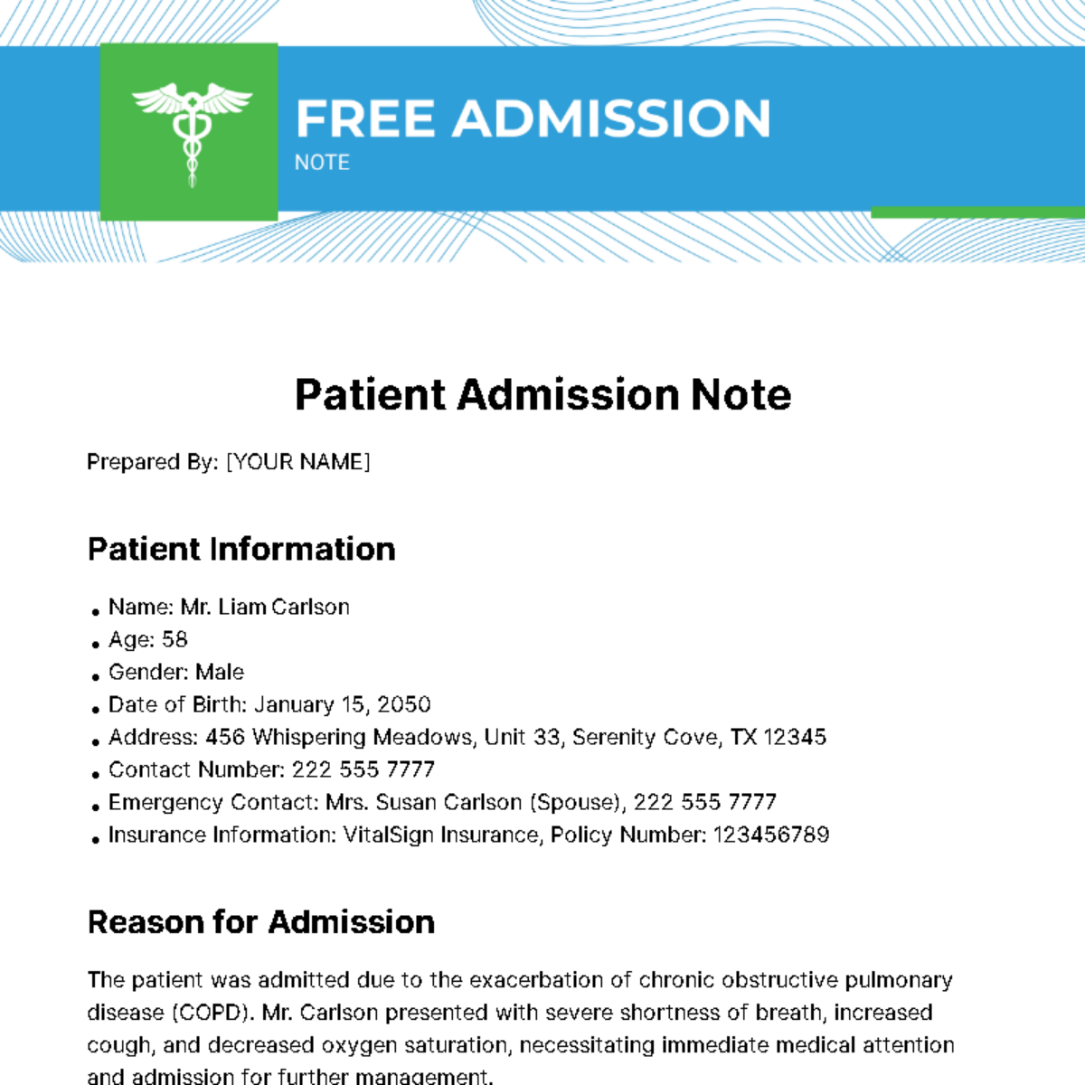 Free Admission Note Template