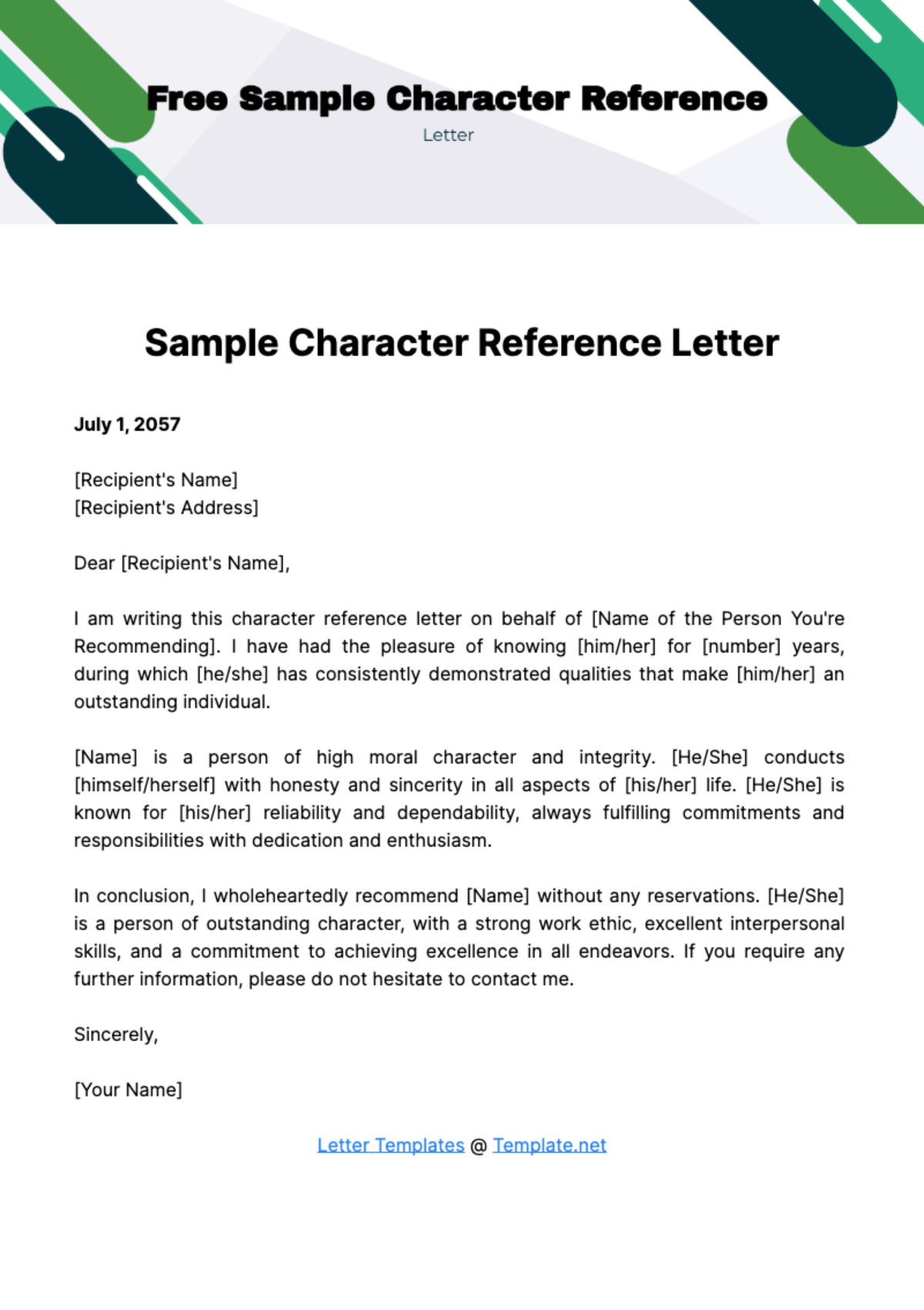 Free Sample Character Reference Letter Template