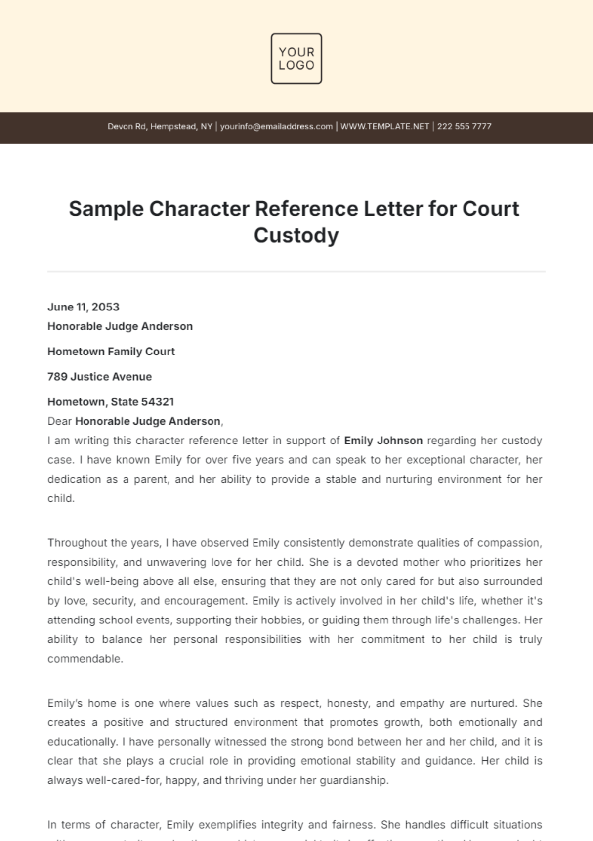 Sample Character Reference Letter for Court Custody Template - Edit Online & Download